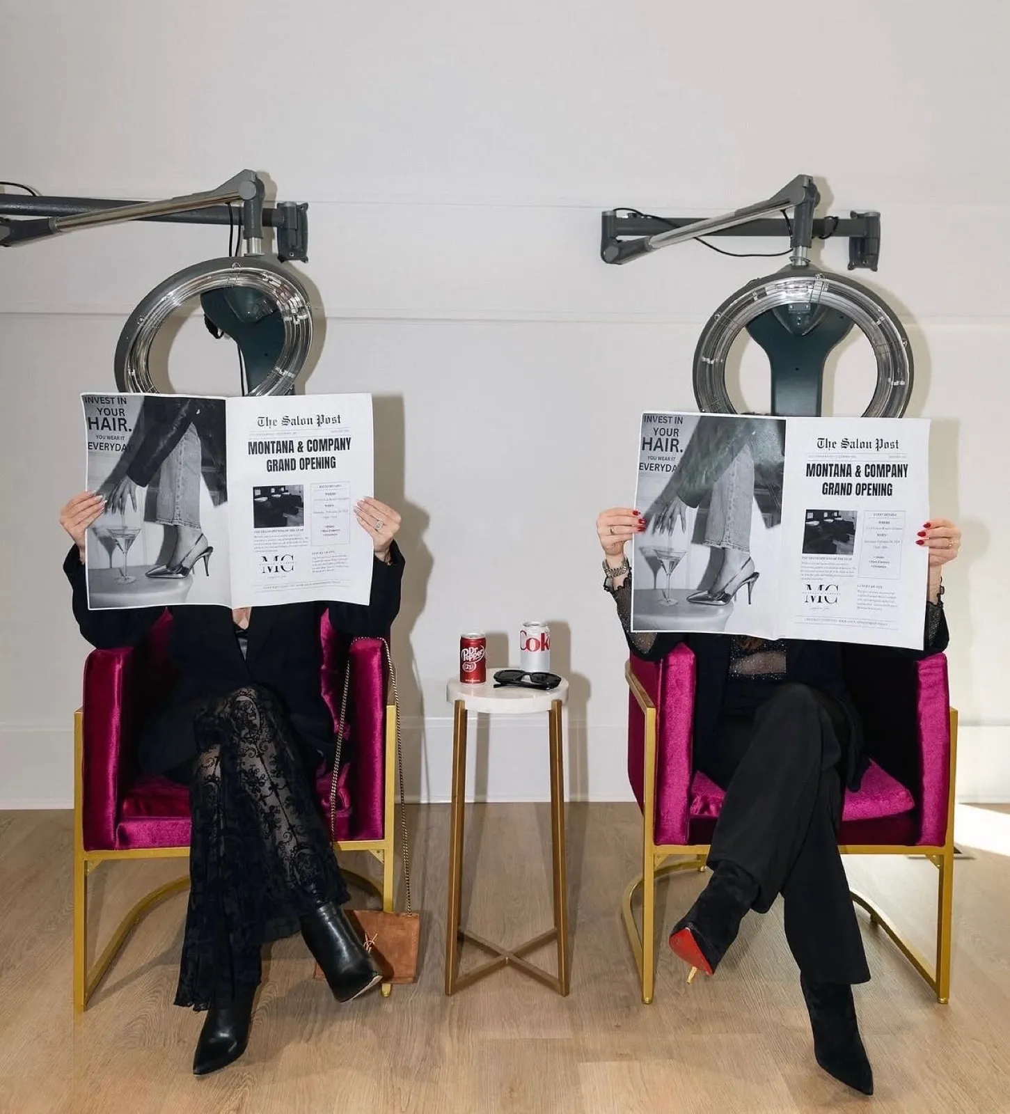 Grand opening editorial with The Salon Post newspapers in magenta chairs